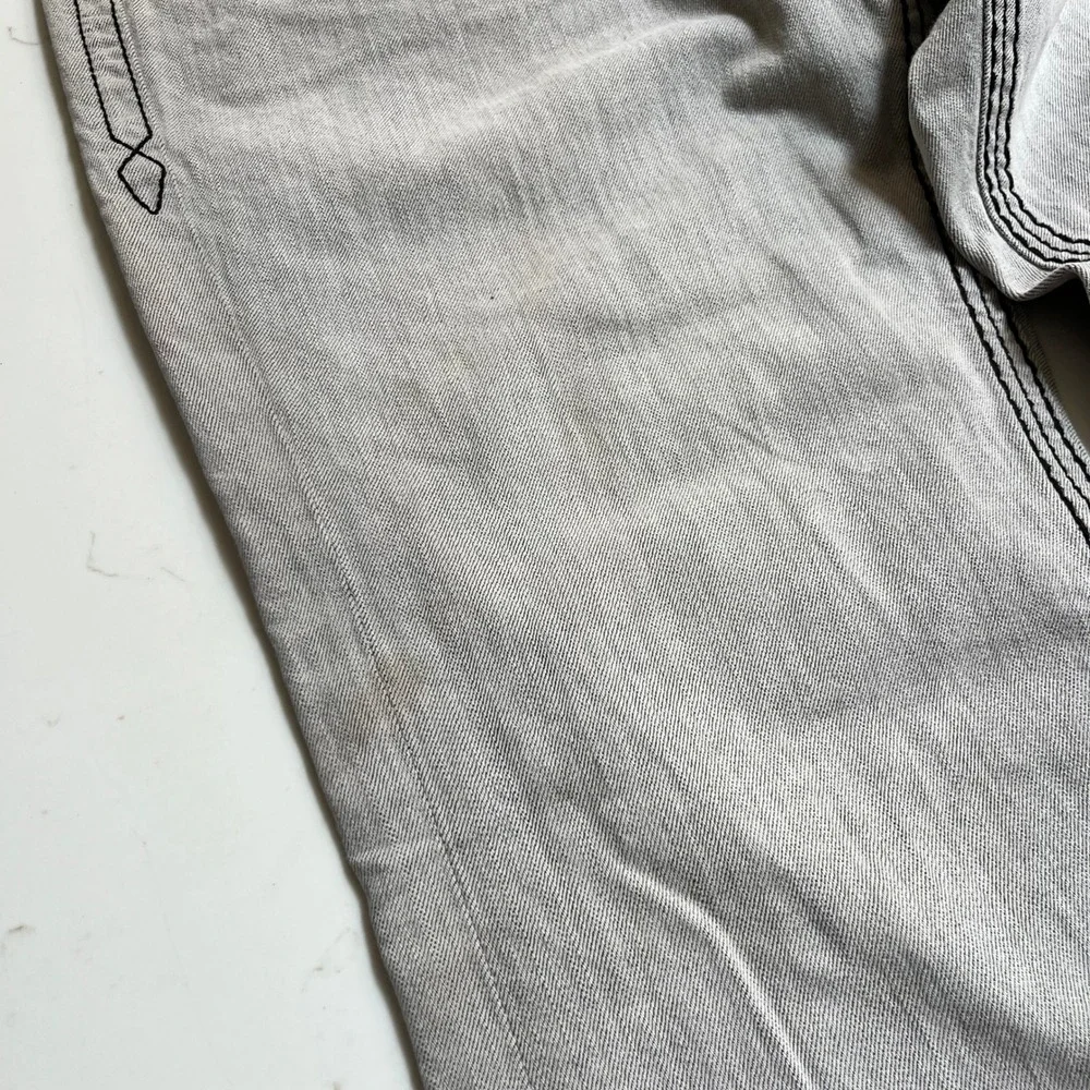 Rock Revival Dan Straight Mens 38 Gray Jeans Heavy Black Stitch Fleur-De-Lis Y2K